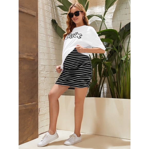 Maternity Striped Print Ruched Skirt black white - Picture 5 of 5